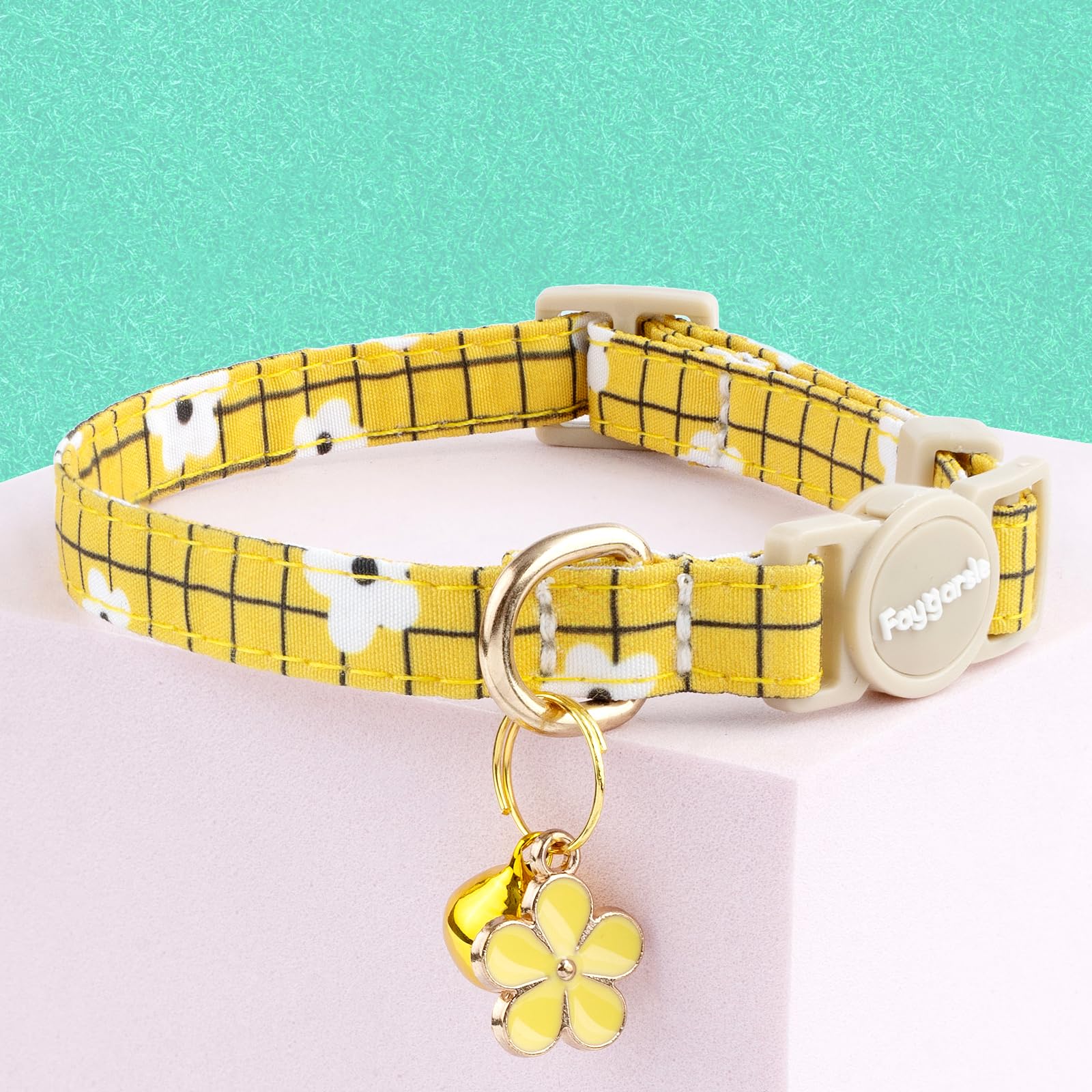Faygarsle 2 Pack Striped Plaid Floral Pattern Cat Collars Breakaway Safety Collar with Bell Spring Summer Design for Girl Cats,Yellow Multicolor
