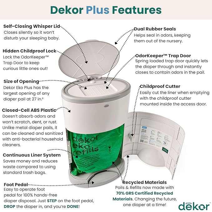 Diaper Dekor EKO Plus Diaper Pail Gift Set, White | ONLY Eco-Friendly Diaper Pail Made with 70% Recycled Materials | Comes with up to a Year's Supply Worth of Diaper Dekor Refills!