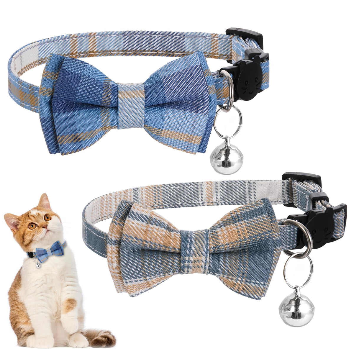 Xyembu 2Pcs Cat Collar Breakaway, Cute Plaid Cats Collar with Bells Soft Adjustable Kitten Accessories, Cat Bowtie Collar with Cat Buckle for Kitten Puppy and Small Pets