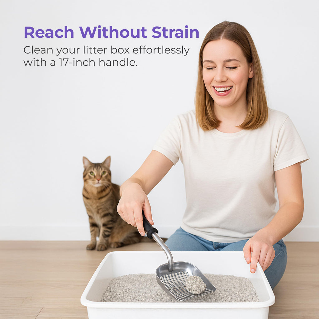 iPrimio Metal Cat Litter Scoop, Non Stick Plated, Long 17" Handle, Silver