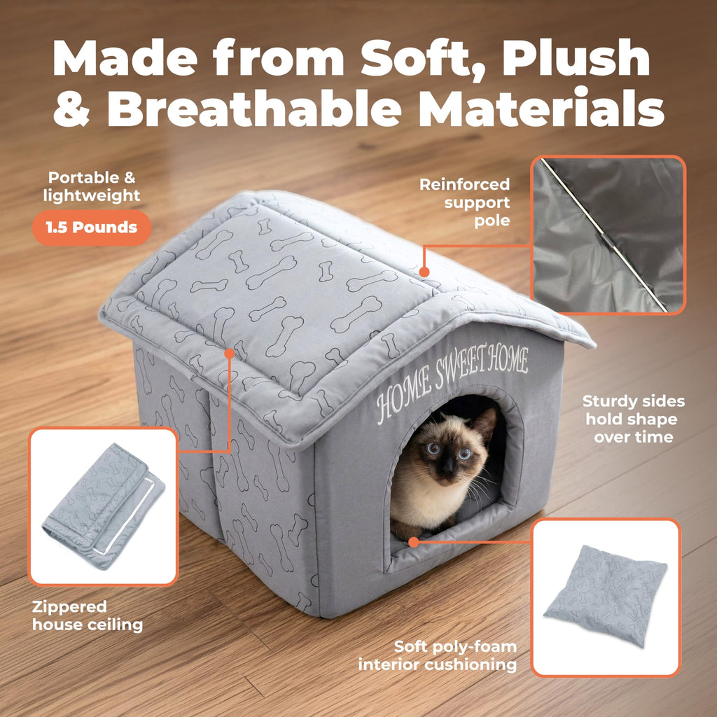 Best Pet Supplies Cat Bed for Indoor Cat, Domed Tent House with Removable Pillow, Covered Cat Cave for Small Dog, Puppies and All Breeds of Cats - Silver w/ Bones, 16 x 16 x H:14"