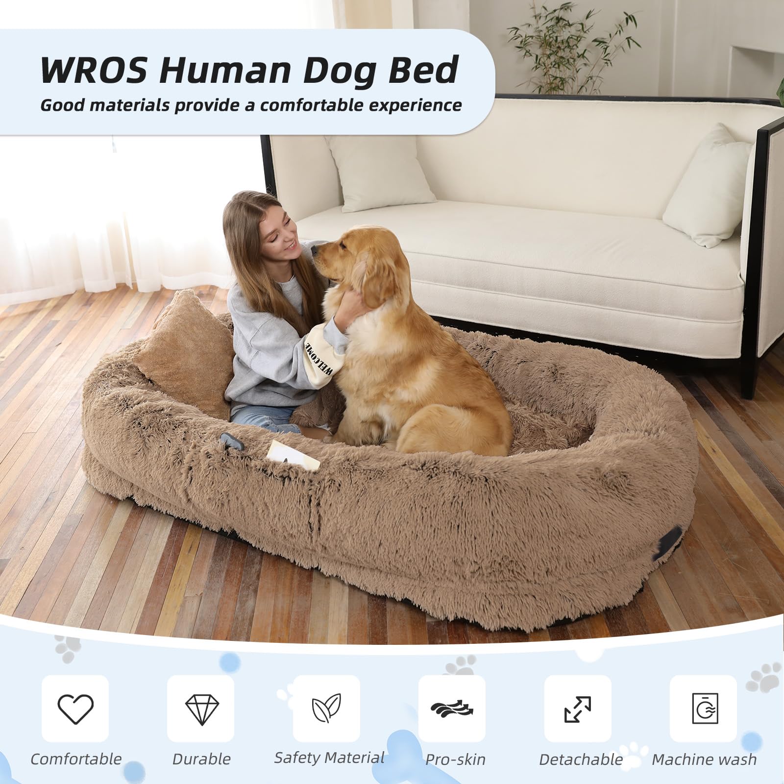 WROS Human Dog Bed, Large Dog Beds for Humans Size Fits You and Pets, Washable Faux Fur Orthopedic Human Pet Bed for People Doze Off, Napping, Present Pillow, Blanket, Strap - Khaki