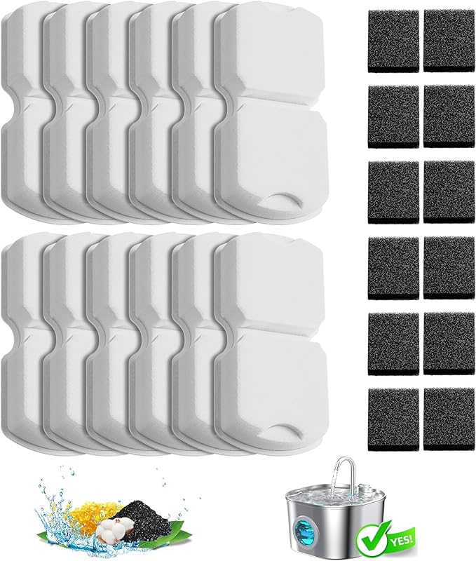 Cat Water Fountain Filter Replacement: 6Pack Pet Fountain Filters of 6 Carbon Filters & 6 Sponges - Use for HOOISE GIOTOHUN ATMZIQXR IHOUONE KOOGMOON 74oz Automatic Pet Fountain Cat Water Dispenser