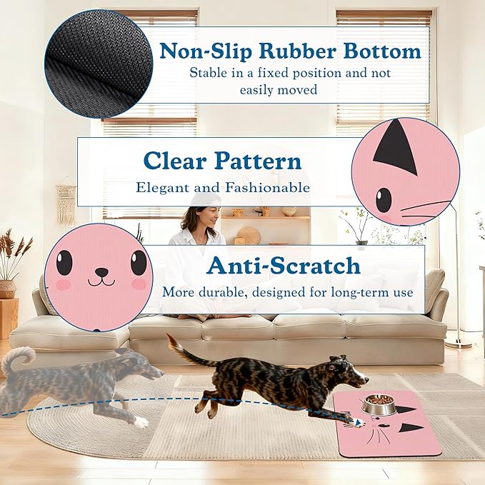 Pink Cat Meow Dog Food Mat–Absorbent Quick Dry Feeding Placemat for Food and Water Bowls, Non Slip Rubber Backing, Waterproof Pet Supplies for Mess-Free Eating 16"x24"