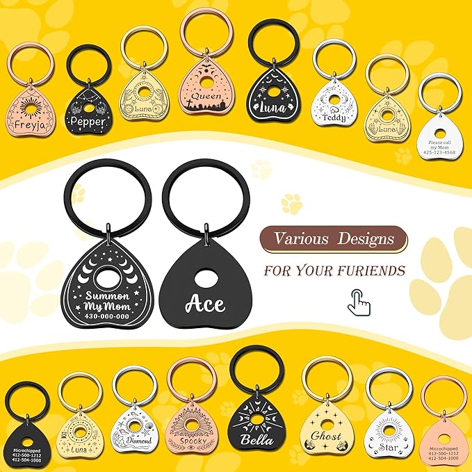 Cat Collar Tags Personalized - Goth Dog Tag Spooky Halloween Style, Summon My Mom Dad, Witch Friendly, Customizable Pet Name ID Tags Engraved on Both Sides, Dog Cat Accessories