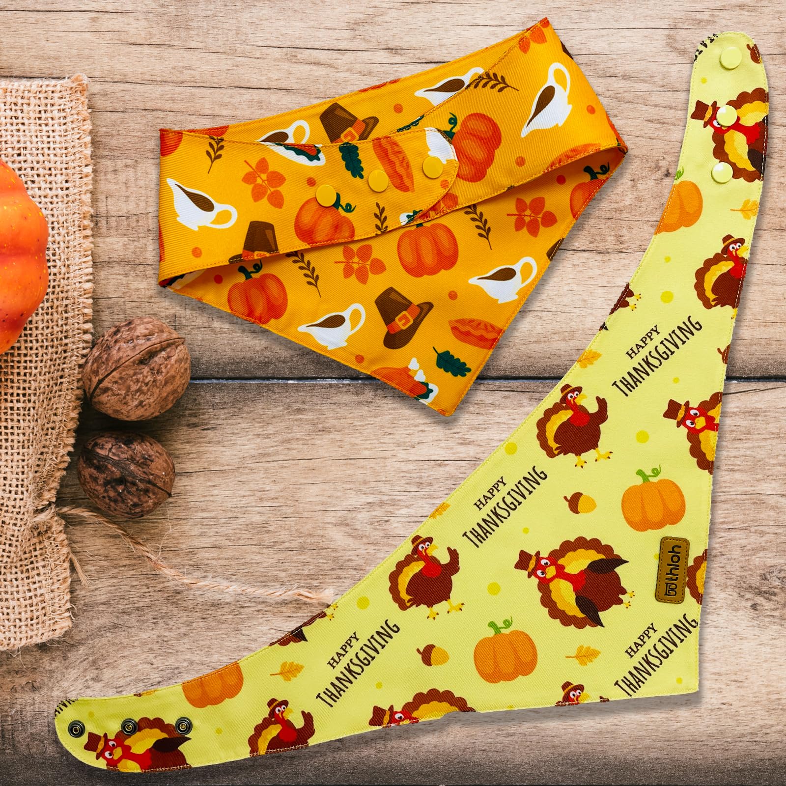 THLOH Thanksgiving Dog Bandanas with Snap Button, 2 Pack Adjustable Fall Bandanas for Small, Medium, and Large Dogs, Pumpkin Pet Scarf for Autumn Costume Accessory & Photo Shoot (Large)