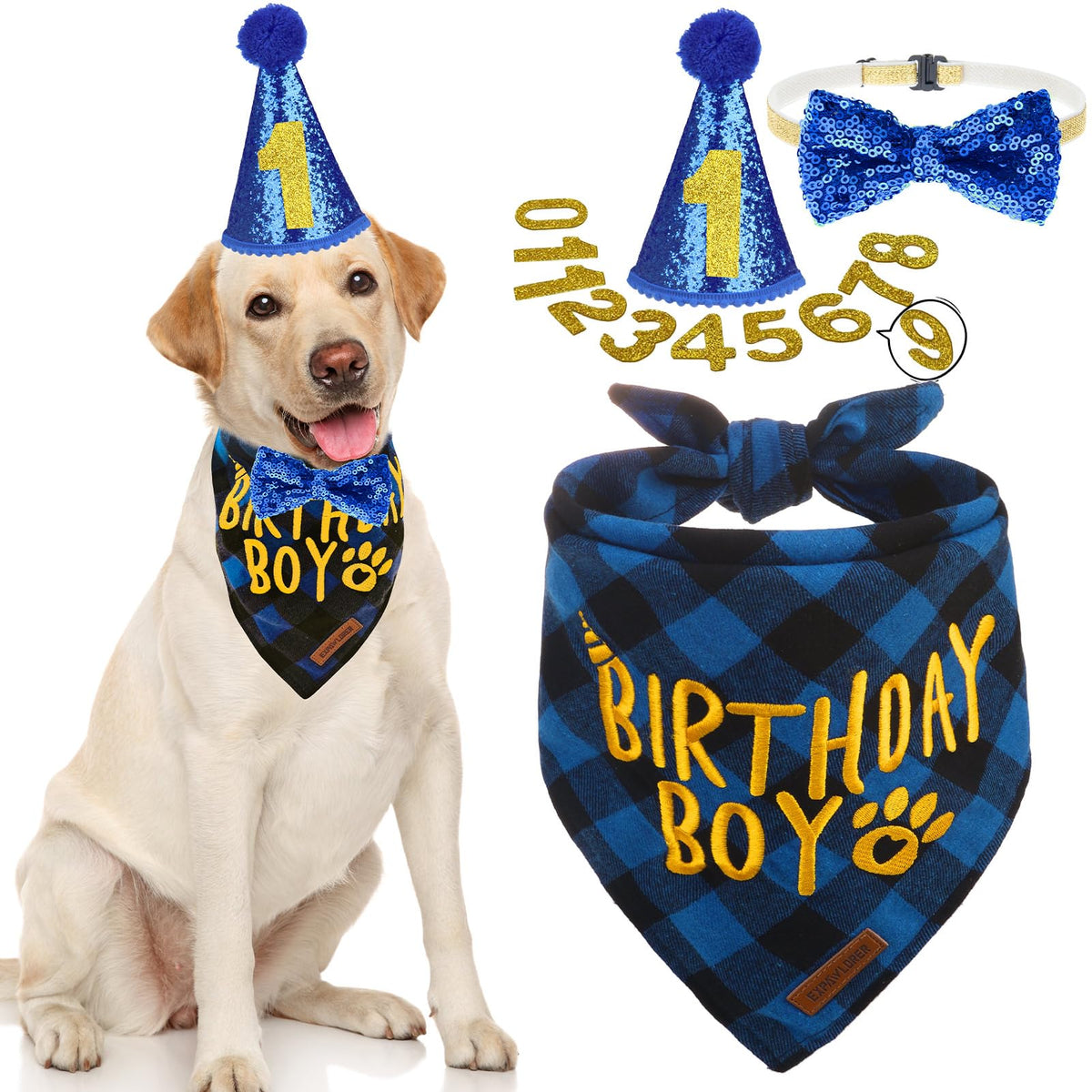 EXPAWLORER Embroidered Dog Birthday Bandana - Dog Birthday Party Supplies, Dog Scarf and Party Hat with Numbers for Boy, Pet Bow Tie Collar, Cute Outfit for Small Medium Large Dogs (X-Large)