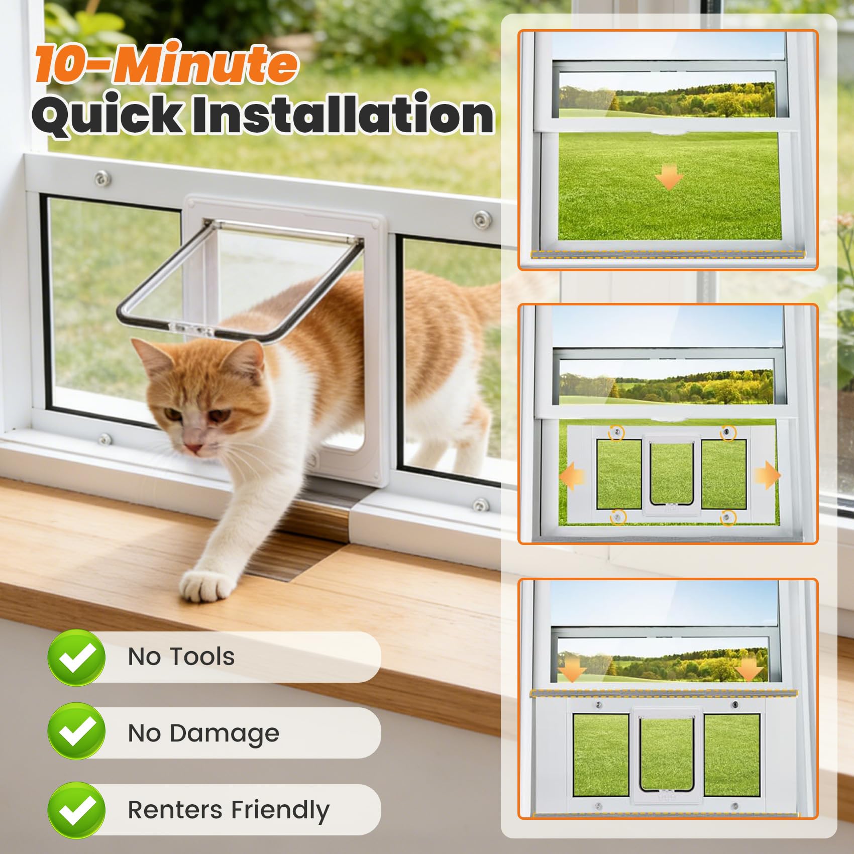 Full Size Cat Door Window Insert，Adjustable Width of 23"-28", 4 Locking Modes, Magnetic Closure, 10-Min Quick Install, HD Transparent Flap,Weatherproof Window Pet Door for Cats & Small Dogs