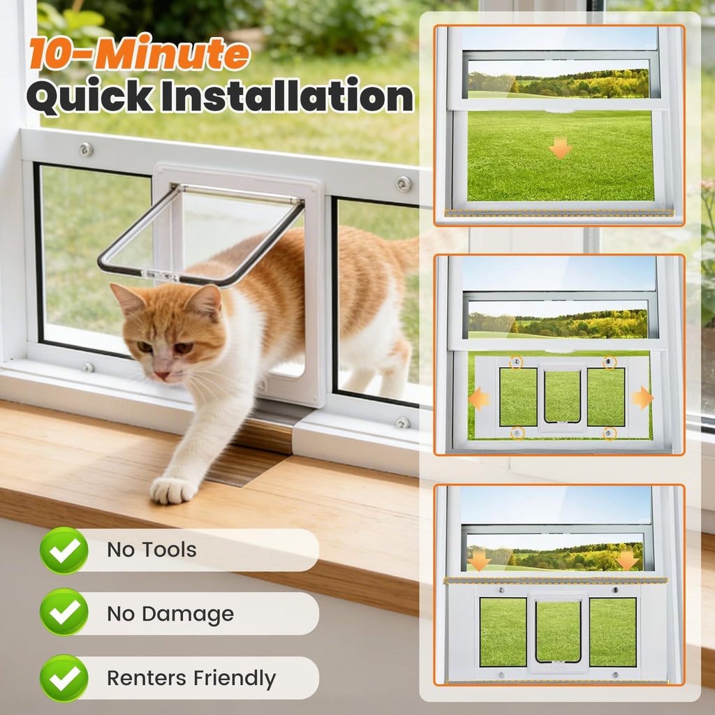 Full Size Cat Door Window Insert，Adjustable Width of 23"-28", 4 Locking Modes, Magnetic Closure, 10-Min Quick Install, HD Transparent Flap,Weatherproof Window Pet Door for Cats & Small Dogs