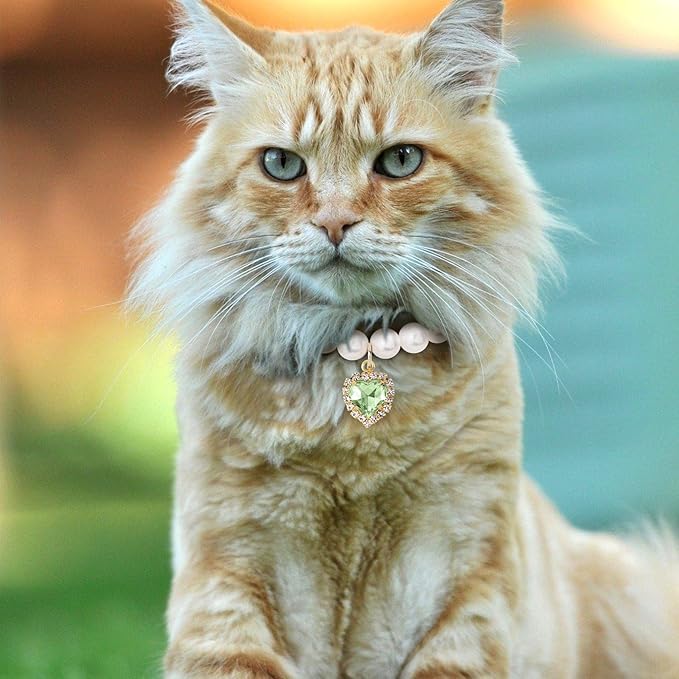 2pcs Cat Pearl Collar with Heart Pendant, Cute Pearl Pet Necklace in Small, Adjustable Wedding Party Small Dog Jewelry Accessories for Puppy Kitten- Green & Purple