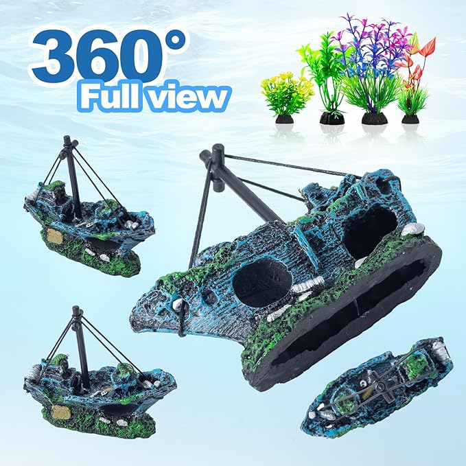 Xereooe 8Pcs Fish Tank Decorations Set Sunken Ship Decoration,Resin Material Fish Tank Accessories Accessories for Natural Look, Aquarium Shipwreck x 1pc, Aquatic Plants x 7pcs