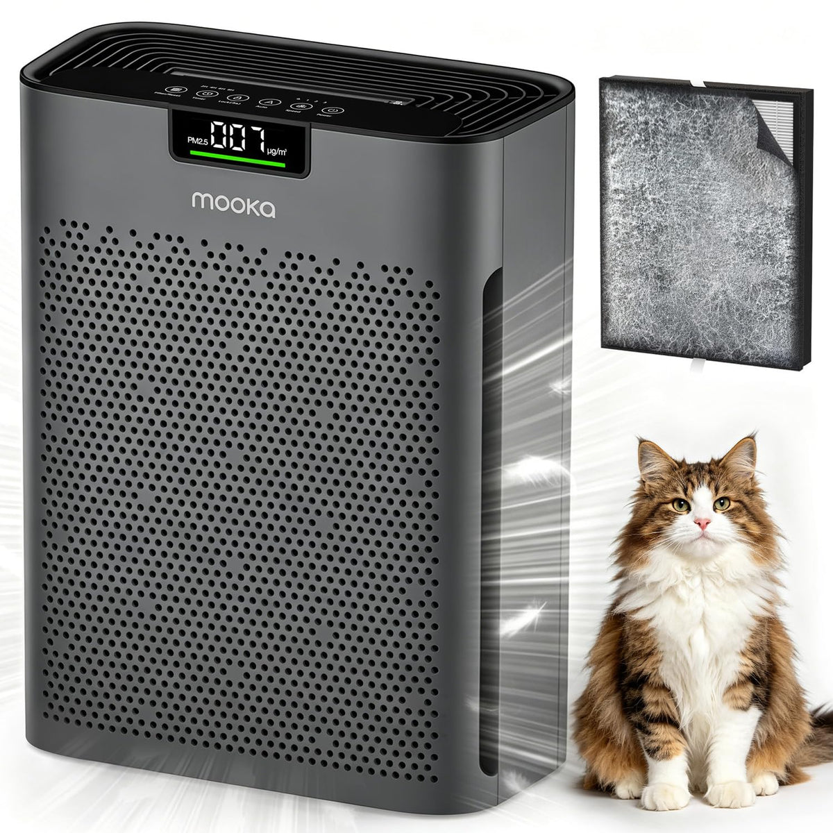 MOOKA Air Purifier for Home Bedroom Large Room 2200 Ft², HEPA Filter, Black