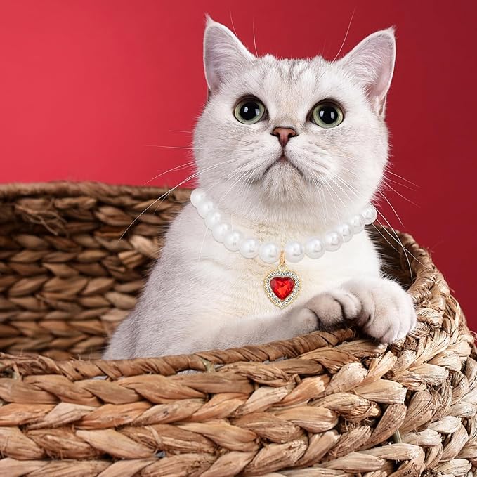 2pcs Pearl Collar for Cat Puppy, Small Cute Heart Shape Rhinestone Pet Necklace, Adjustable Wedding Party Pet Jewelry Accessories for Puppy Kitten- Blue & Red