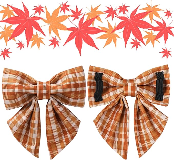 UP URARA PUP Fall Plaid Dog Collar and Bow Tie Set – Brown Orange Checkered Adjustable Collar with Maple Leaf Charm for Small Medium Large Dogs, Soft Cotton Puppy Collar with Quick Release Buckle