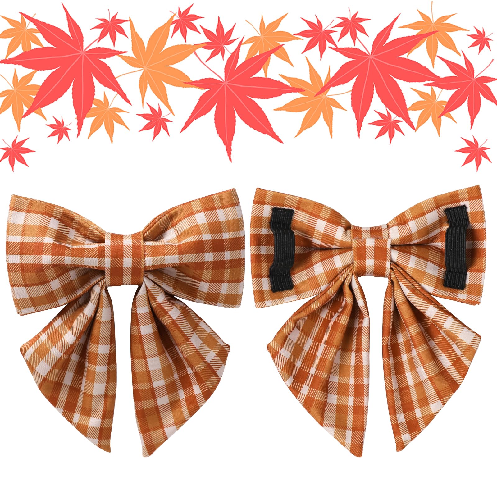 UP URARA PUP Fall Plaid Dog Collar and Bow Tie Set – Brown Orange Checkered Adjustable Collar with Maple Leaf Charm for Small Medium Large Dogs, Soft Cotton Puppy Collar with Quick Release Buckle
