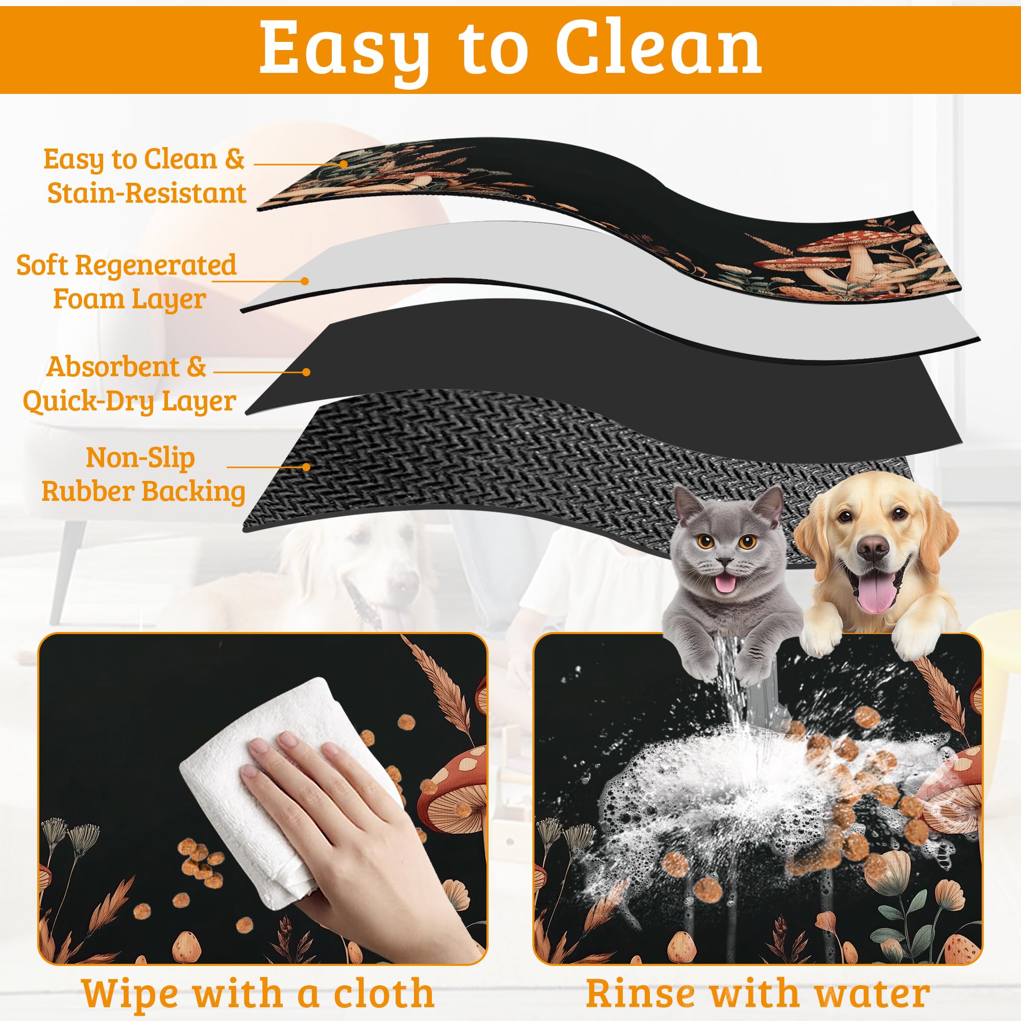 Vintage Mushroom Dog Food Mat,Leaf Absorbent Pet Feeding Mat for Food and Water Bowl,Quick Dry Dog Placemat Non Slip Rubber Backing Waterproof Pet Supplies 16" x 24"