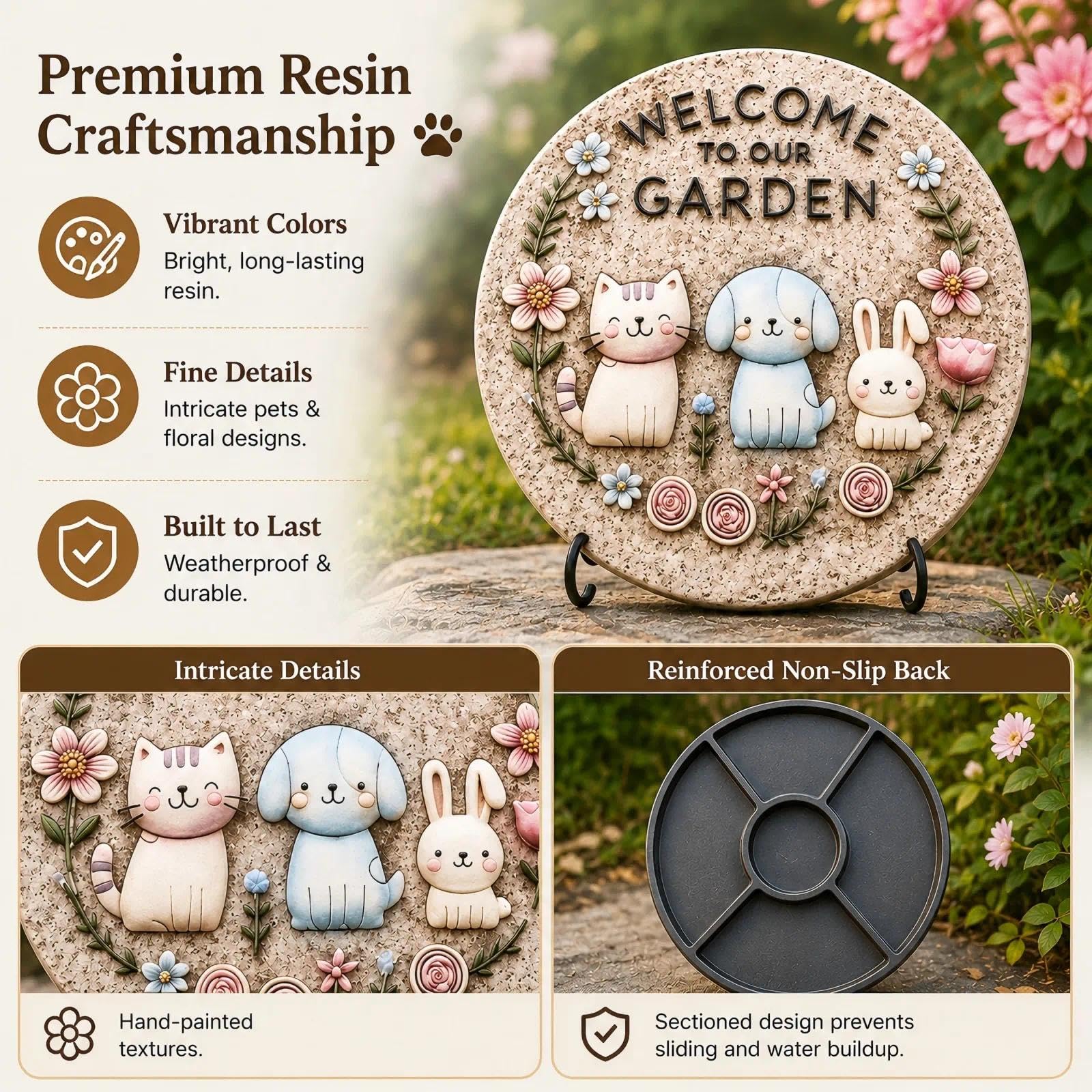 Bechivie Garden Stepping Stones Outdoor, 9.8" Resin Pet Cat Dog Bunny Stepping Stone for Walkway Gardening Gifts, Spring Decorative Round Welcome to Our Garden Home Decor for Outside Yard Patio Lawn