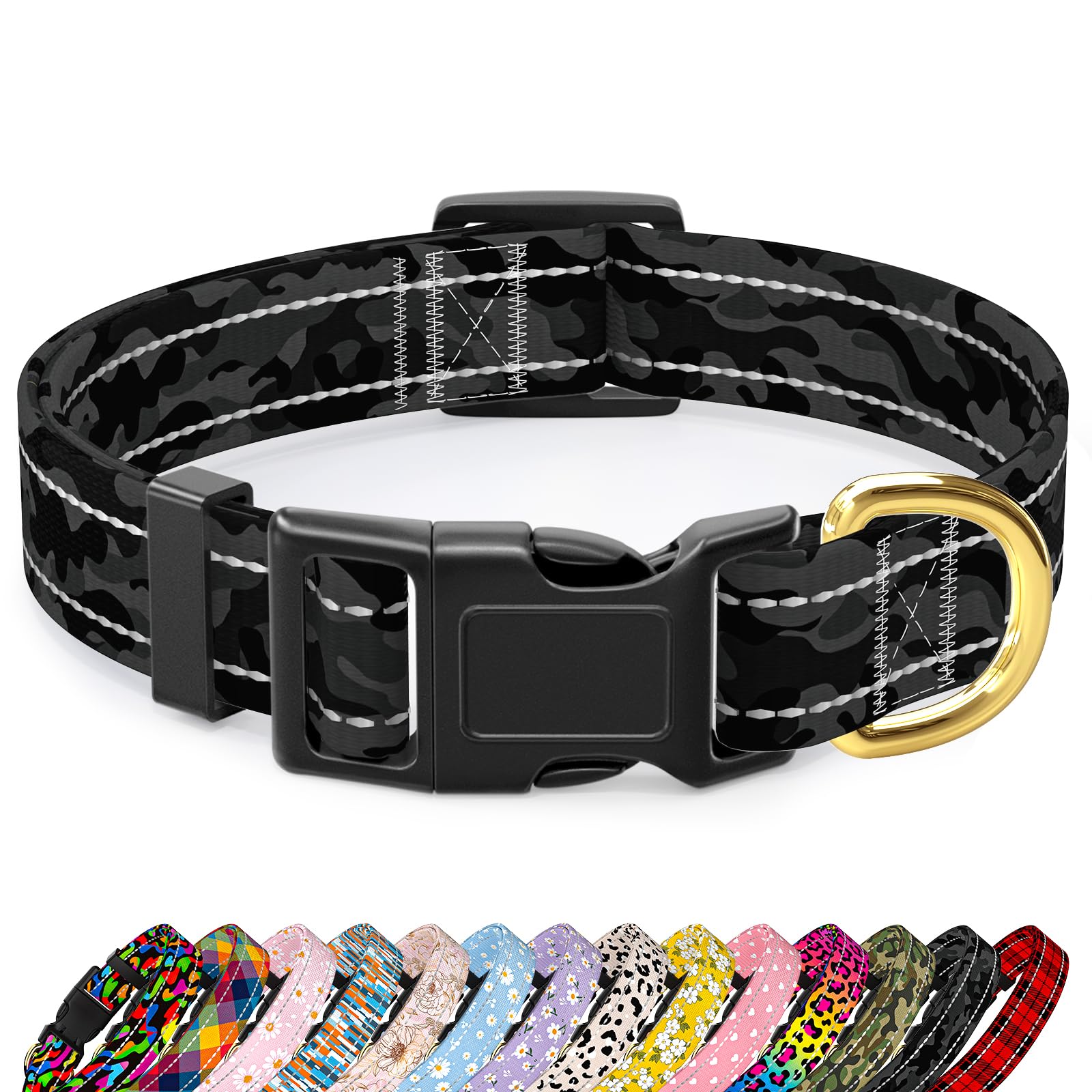 TMOODEL Reflective Adjustable Dog Collar for Medium Dog, Black Camouflage,M