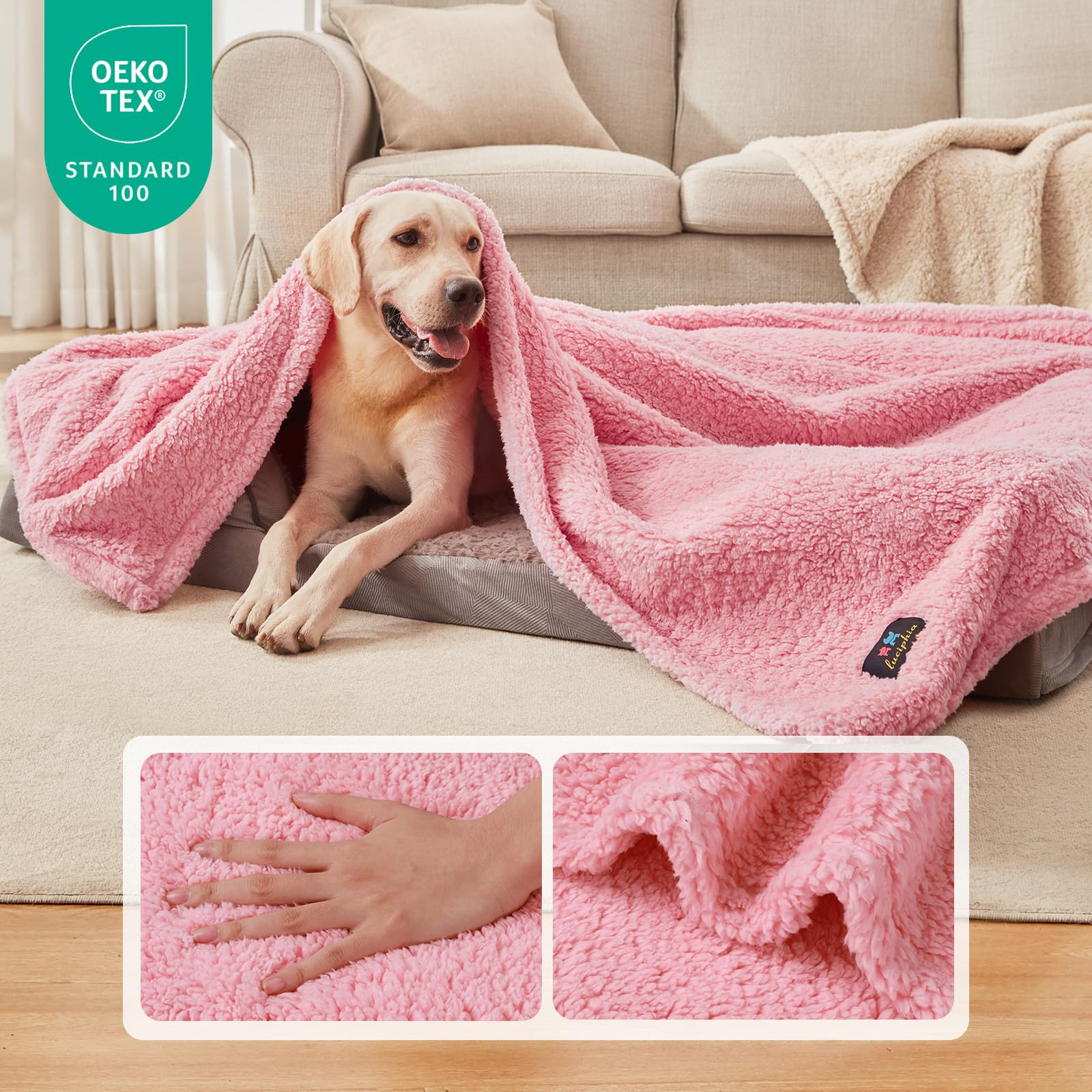 Luciphia Waterproof Pet Blanket for Medium Large Dogs Soft Cat Sherpa Calming Thick Cover Leakproof Cozy Puppy Sofa Bed Car Couch Protector(Pink,63x50 inches)