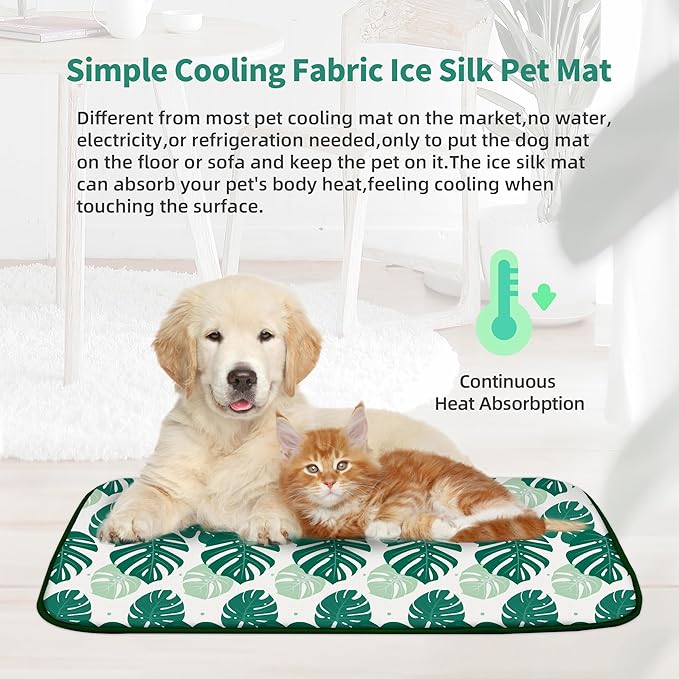 NWK Pack of 4 Pet Cooling Mat - Ice Silk Cooling Mat for Dogs & Cats Portable & Washable Pet Cooling Blanket, Car Seats, Beds for Summer (4pcs, Green Leaf, 27’’ X 20’’ X 0.3)