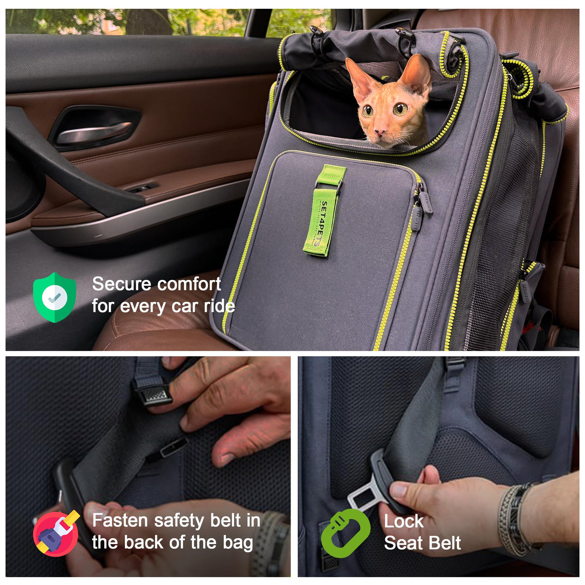 Set4Pets Expandable Cat Carrier Backpack for Cats & Small Dogs, Gray/Green