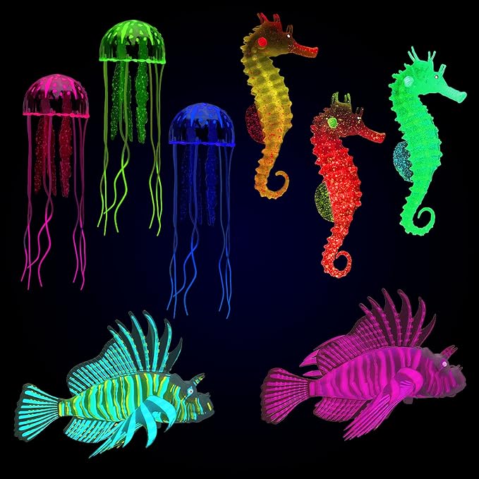 Patelai 8 Pcs Glow in The Dark Jellyfish Aquarium Decorations 8 Pcs Silicone Floating Fake Fish Tank Decor Set with Lionfish Seahorse Floating Aquarium Decor (Dreamy Color)