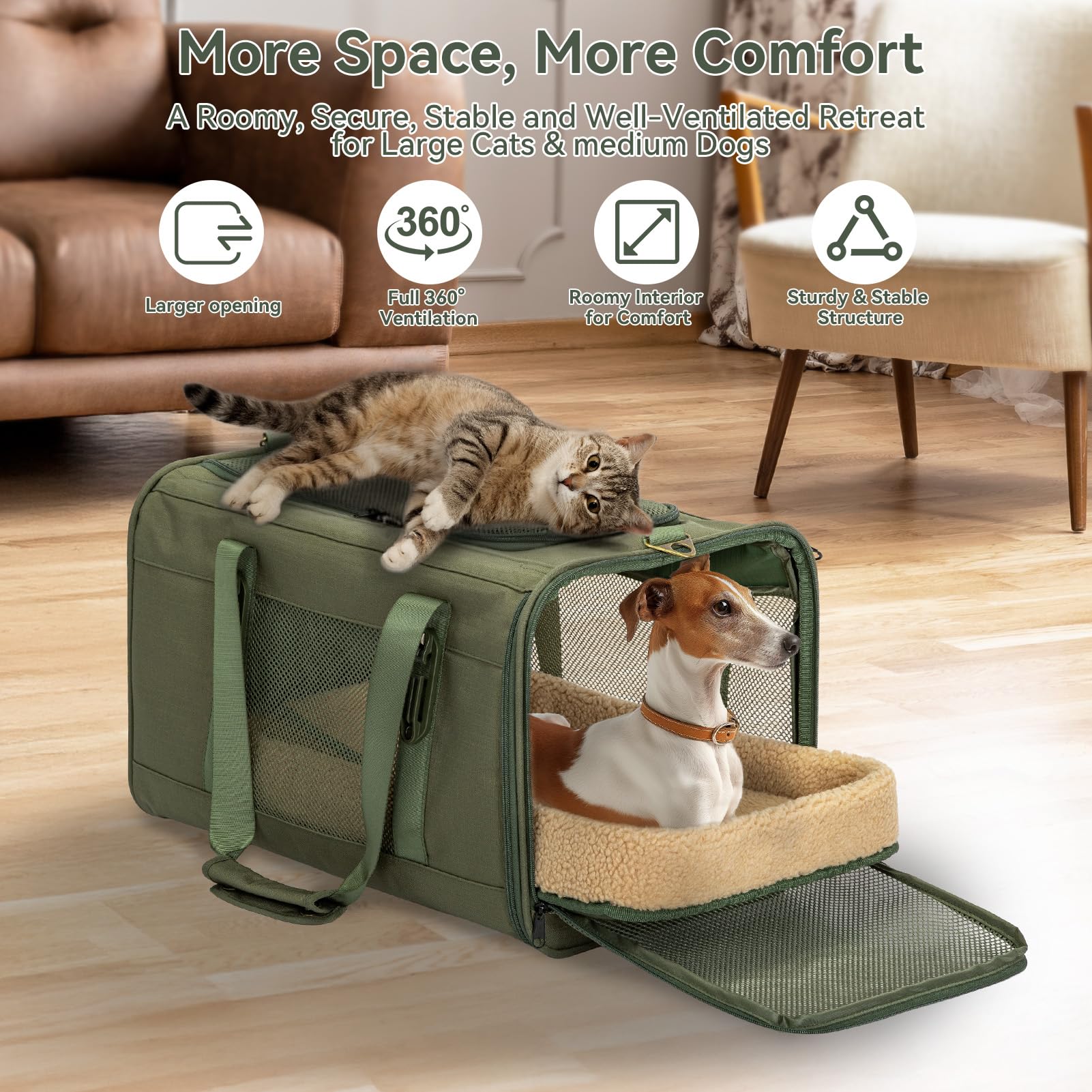 Petsfit 19x12x12 Pet Carrier for Large Cats (up to 20 lbs), Soft-Sided Small Dog Travel Carrier, Upgraded with Patented Buckle and Soft Padding, Ideal for Car Road Trips Green