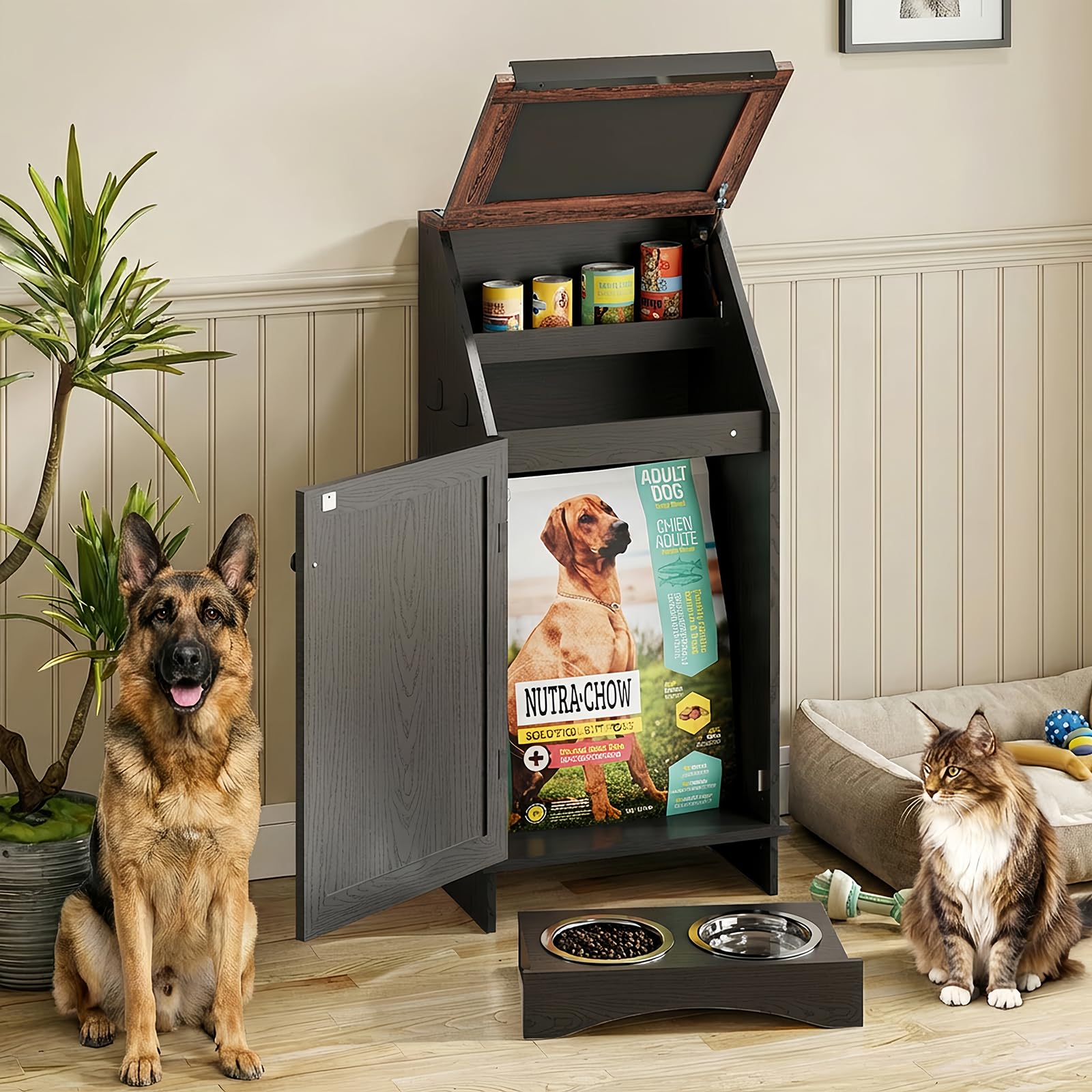 Furnivio Dog Food Feeding Station with Storage, Pet Food Storage Cabinet with Bowls and Flip-Top Blackboard, Hidden Trash Can, Pet Organizer Cabinet for Dog and Cat, Black