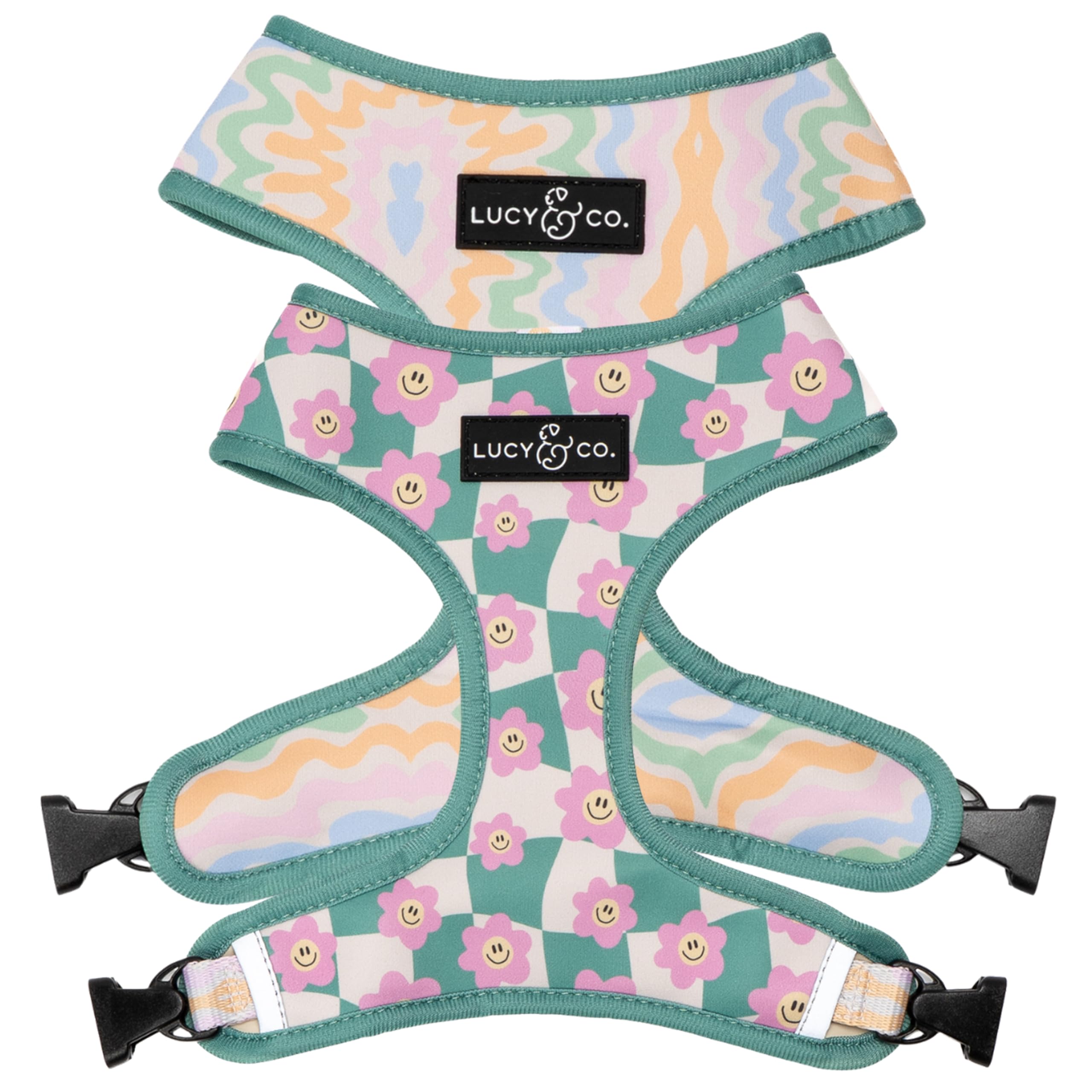Lucy & Co. Reversible Dog Harness - Water-Repellent Neoprene, Dual-Print Design, Easy Swap Style, Adjustable Comfort Fit - Just Chill Reversible Harness - Medium