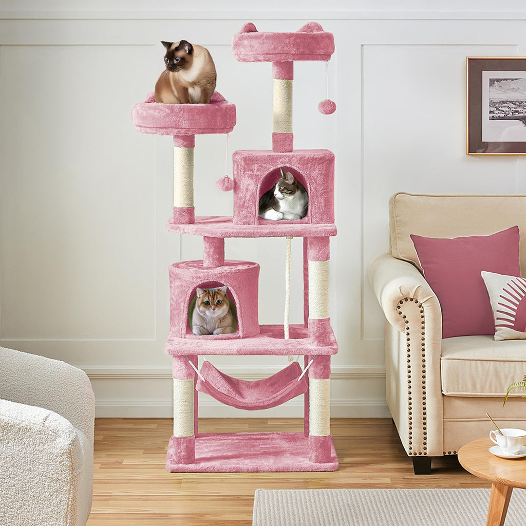 Yaheetech 62.5inches Cat Tree Cat Tower Cat Condo with Platform & Hammock, Scratching Posts for Kittens Pet Play House with Plush Perch for Indoor Activity Relaxing, Pink