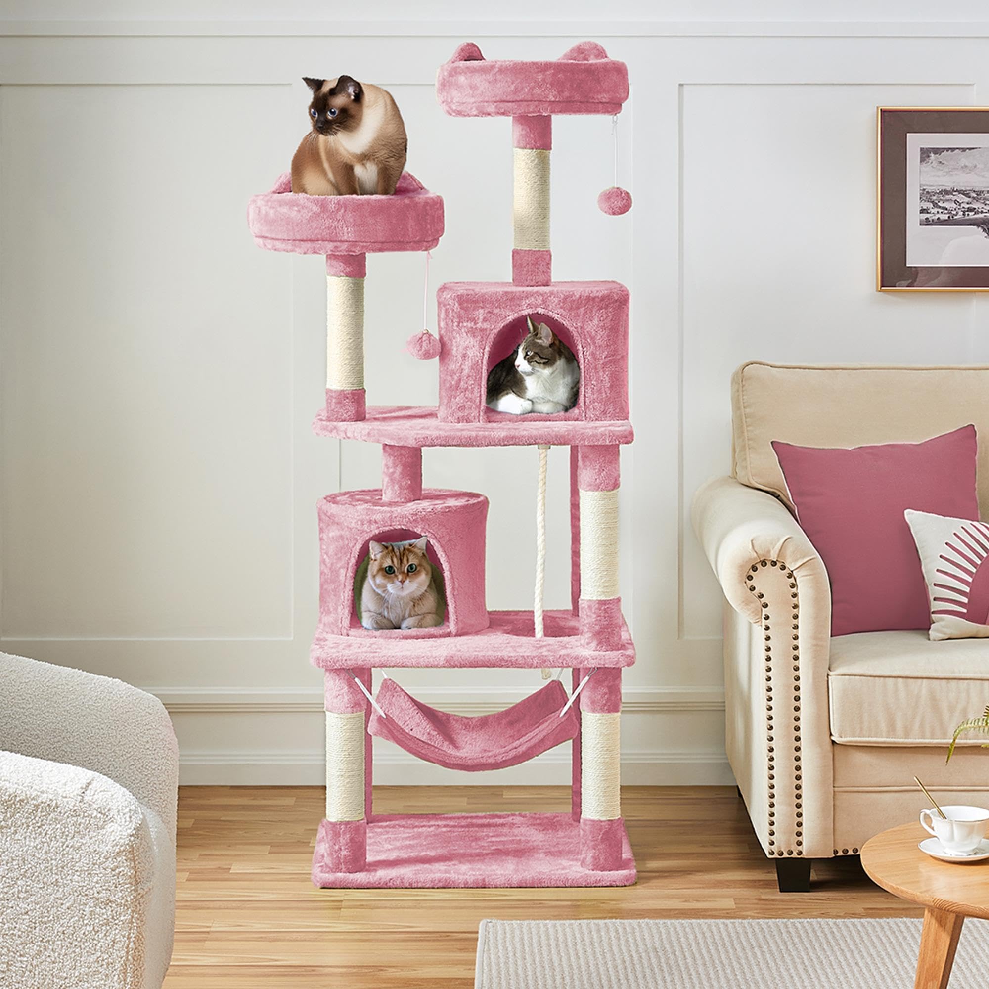 Yaheetech 62.5inches Cat Tree Cat Tower Cat Condo with Platform & Hammock, Scratching Posts for Kittens Pet Play House with Plush Perch for Indoor Activity Relaxing, Pink