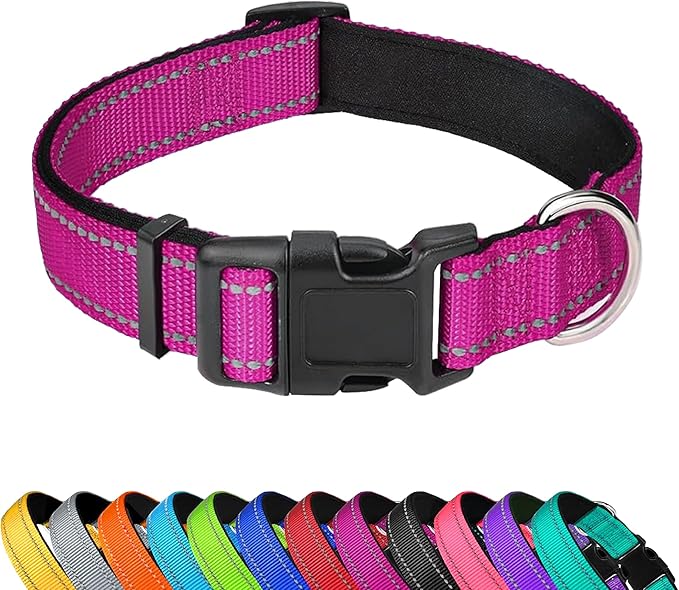 PWOD Reflective Dog Collar, Adjustable Soft Neoprene Padded Nylon Pet Collars with Buckle for Puppy and Small Dogs, Cats,Rose Red,XS