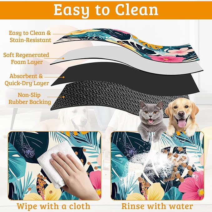 Tropical Palm Dog Food Mat,Exotic Leaves Floral Absorbent Pet Feeding Mat for Food and Water Bowl,Quick Dry Dog Placemat Non Slip Rubber Backing Waterproof Pet Supplies 16" x 24"