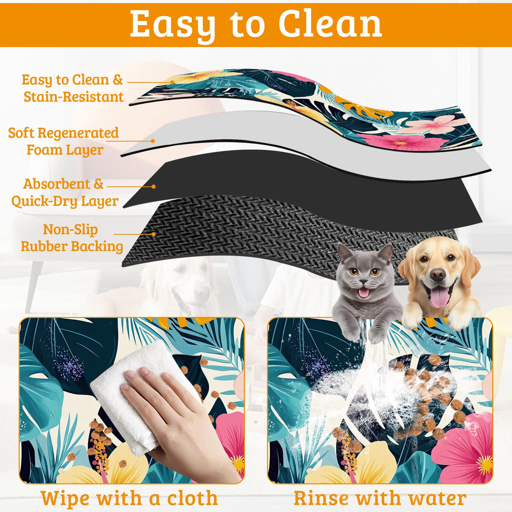 Tropical Palm Dog Food Mat,Exotic Leaves Floral Absorbent Pet Feeding Mat for Food and Water Bowl,Quick Dry Dog Placemat Non Slip Rubber Backing Waterproof Pet Supplies 16" x 24"