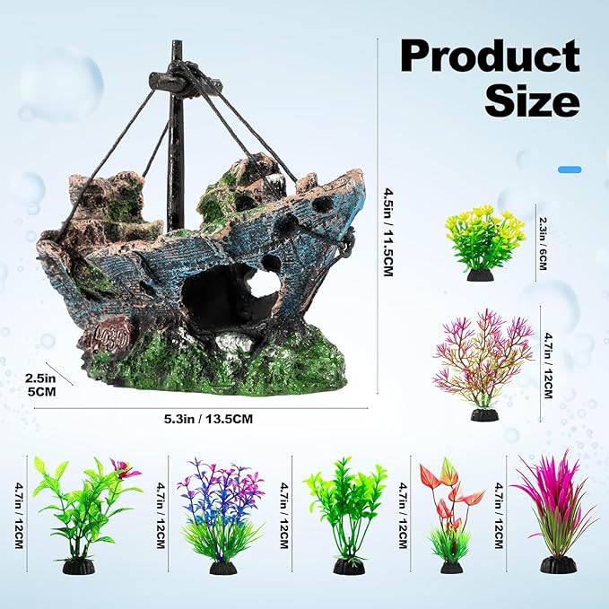 Xereooe 8Pcs Fish Tank Decorations Set Sunken Ship Decoration,Resin Material Fish Tank Accessories Accessories for Natural Look, Aquarium Shipwreck x 1pc, Aquatic Plants x 7pcs