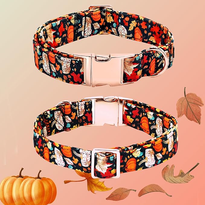 Bobo Rainbow Fall Dog Collar, Leaf Pumpkin Print Adjustable Pet Collar Cute Cotton Soft Collars with Bow Tie Metal Buckle Holiday Puppy Collars Boy&Girl Gift for Large Dogs
