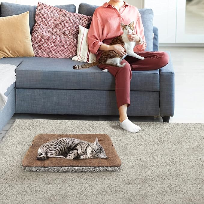 Self Warming Cat Bed, Foldable Self Heated Cat Mat Extra Warm Thermal Heating Pet Pad 24 x 20 inch for Indoor Outdoor Cats, Non-Slip Bottom Washable Non Electric Brown