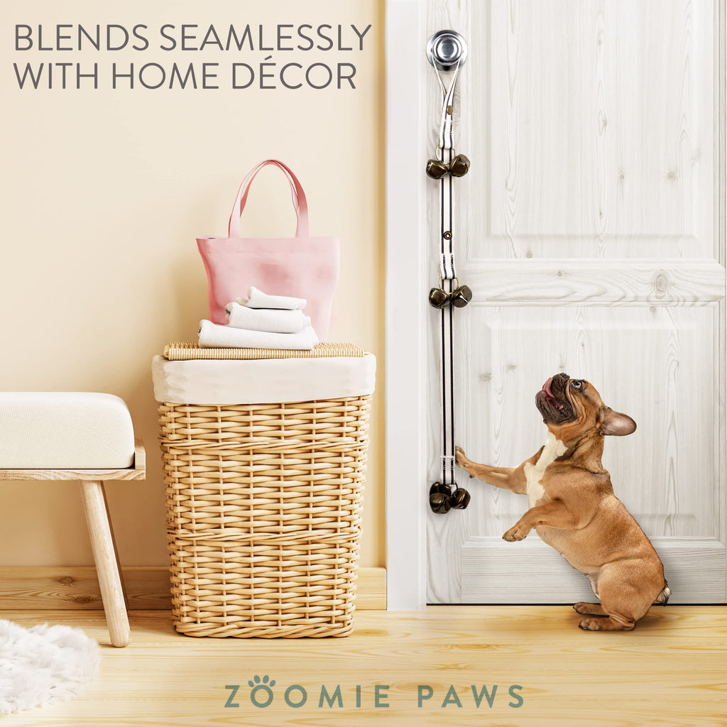 Dog Puppy Training Bell Potty and Outdoor Training Doorbell - Zoomie Paws, Black and White Strap with Bells