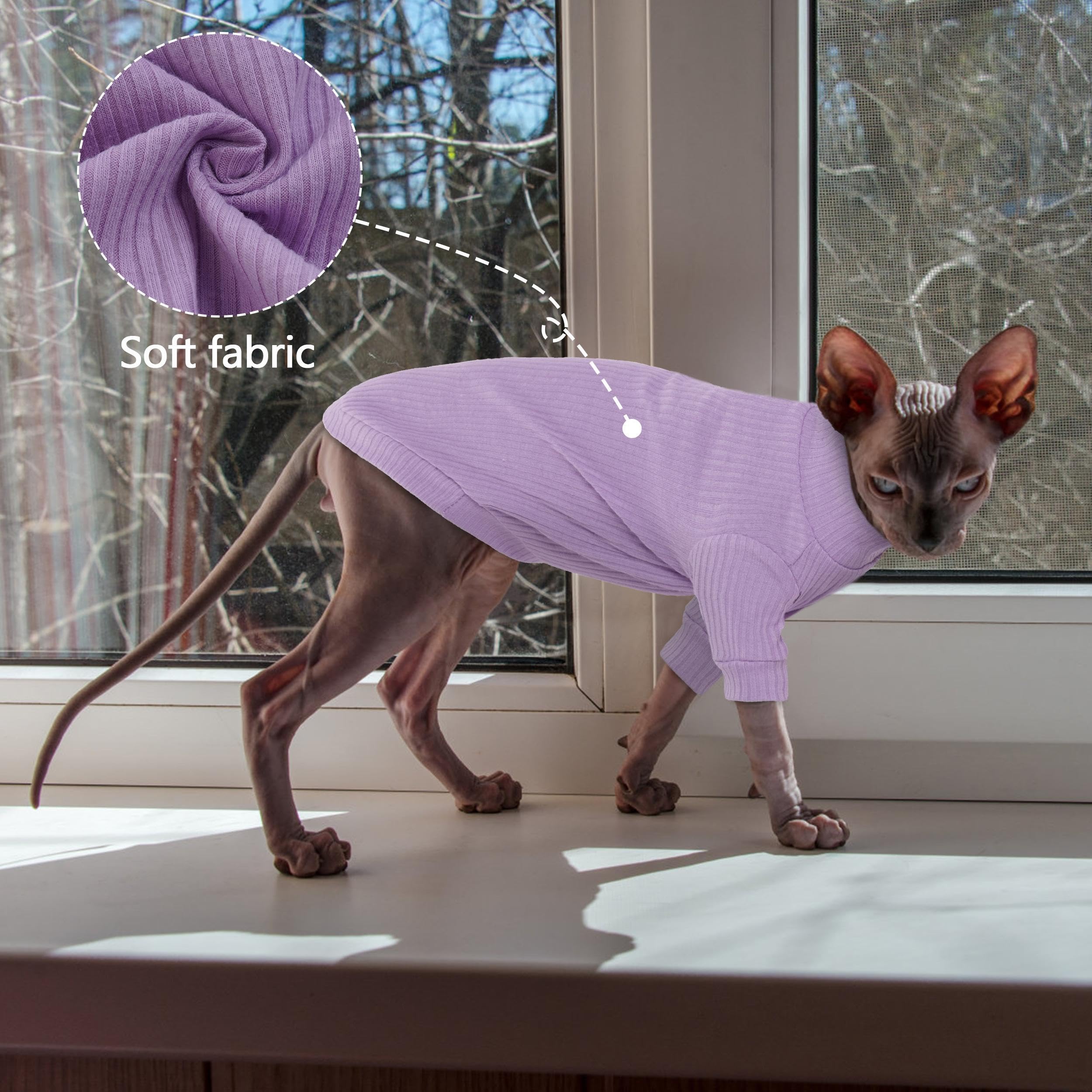 PUMYPOREITY Cat Clothes: Stretchy Cat Shirt & Sweater with Sleeves for Sphynx, Devon Rex & More - Purple