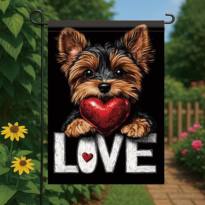 Starlit Patio Cute Kasha Dog Garden Flag Holding Red Heart Love Sign Double Sided Yard Banner 12x18 Inch Romantic Outdoor Decoration for Lawn Patio Dog Lover Gift Valentine Anniversary Seasonal Flag