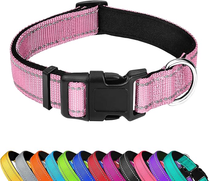 PWOD Reflective Dog Collar, Adjustable Soft Neoprene Padded Nylon Pet Collars with Buckle for Extra Large Dogs, Light Pink,XL