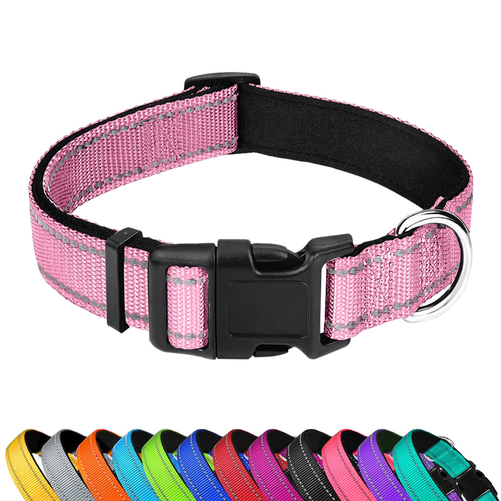 PWOD Reflective Dog Collar, Adjustable Soft Neoprene Padded,Light Pink,S