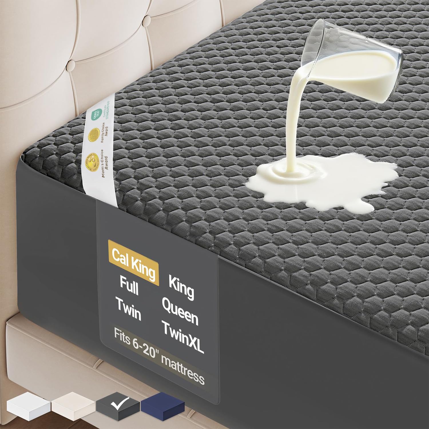 OhGeni 100% Waterproof Mattress Protector, California King-Gray, Fits 6"-20" Mattresses Deep Pocket, Cooling for Taller Person, Breathable Fitted Sheets, Washable Bed Cover Over 99 Count Hex Bumps