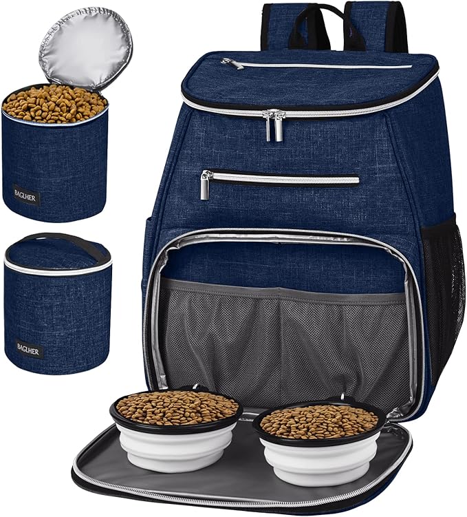 BAGLHER丨Dog Travel Bag Backpack, Airline Approved Pet Supplies Backpack, Dog Travel Bag with 2 Silicone Collapsible Bowls and 2 Food Baskets Blue
