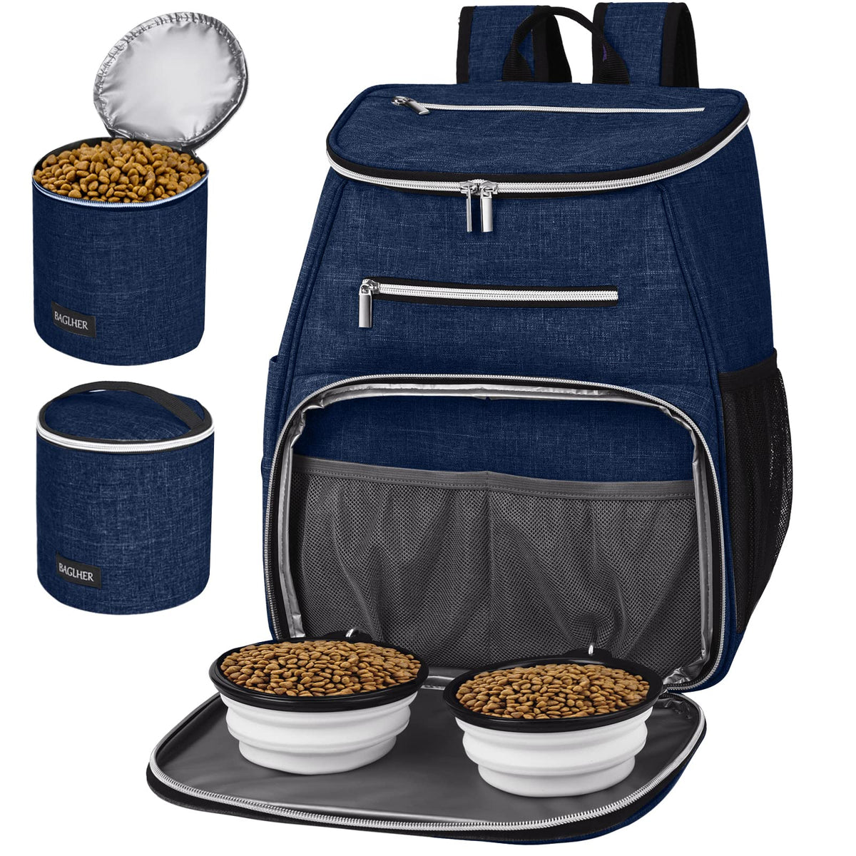 BAGLHER丨Dog Travel Bag Backpack, Airline Approved Pet Supplies Backpack, Dog Travel Bag with 2 Silicone Collapsible Bowls and 2 Food Baskets Blue