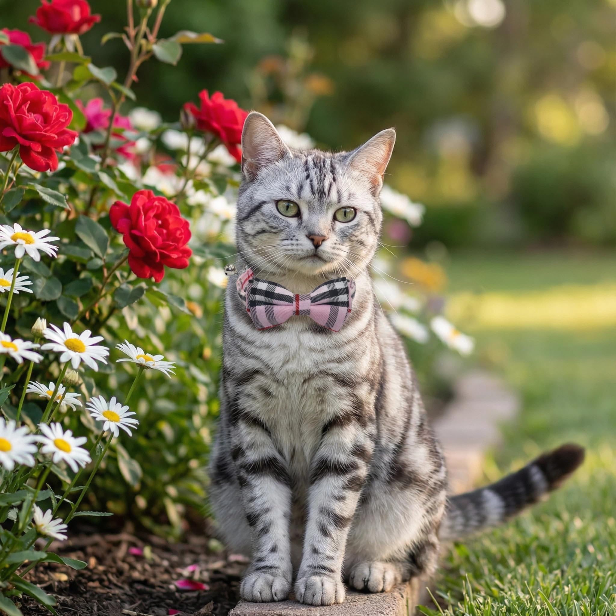 THAIN Cat Collar Breakaway with Bell and Bow Tie Safety Buckle Pink Plaid Pattern Adjustable 7-11 inches for Kitten Cats(Pink Plaid)