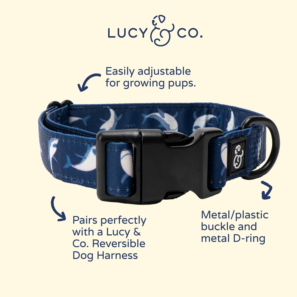 Lucy & Co. Shark Attack Dog Collar - Durable Lightweight Designer Collar for Pets - Adjustable Metal Safety Buckle - Navy White Shark - Small