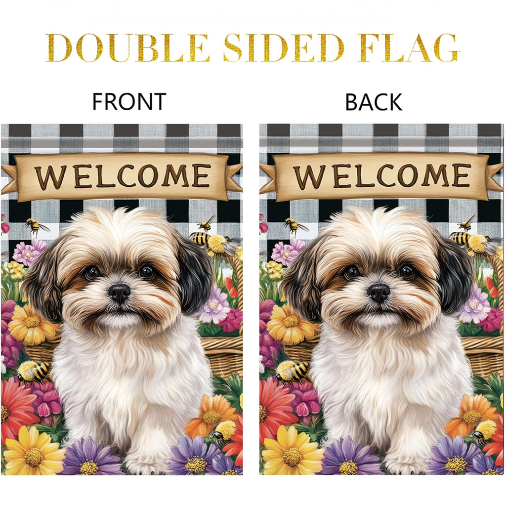Starlit Patio Spring Summer Garden Flag Shih Tzu Dog Flag 12x18 Inch Double-Sided Cute Puppy Yard Banner Buffalo Plaid Floral Outdoor Decor for Porch Lawn Pathway Dog Lover Housewarming
