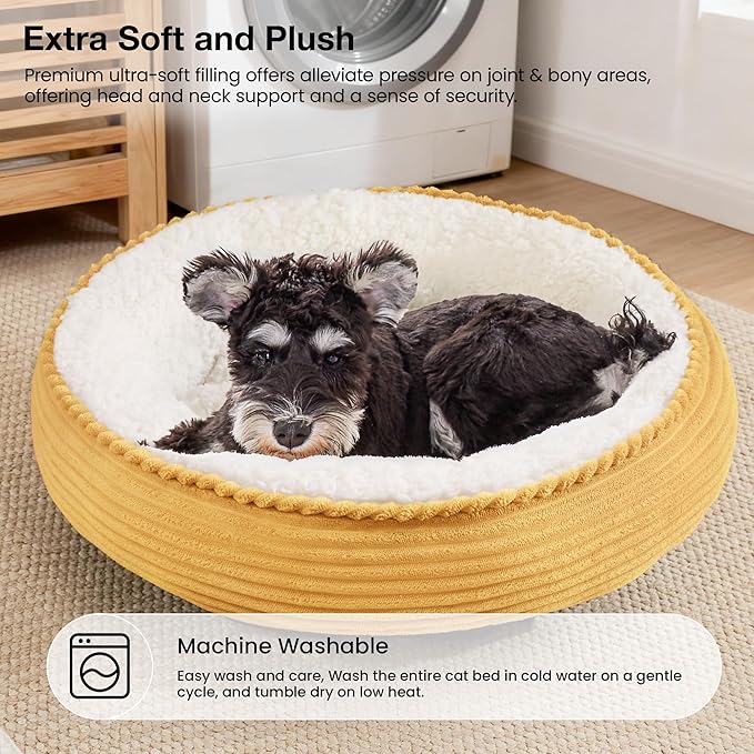 Love's cabin Round Donut Cat and Dog Cushion Bed, 24in Pet Bed for Small or Medium Dogs, Anti-Slip & Water-Resistant Bottom, Soft Durable Fabric Pet Beds, Washable Calming Cat Bed Yellow