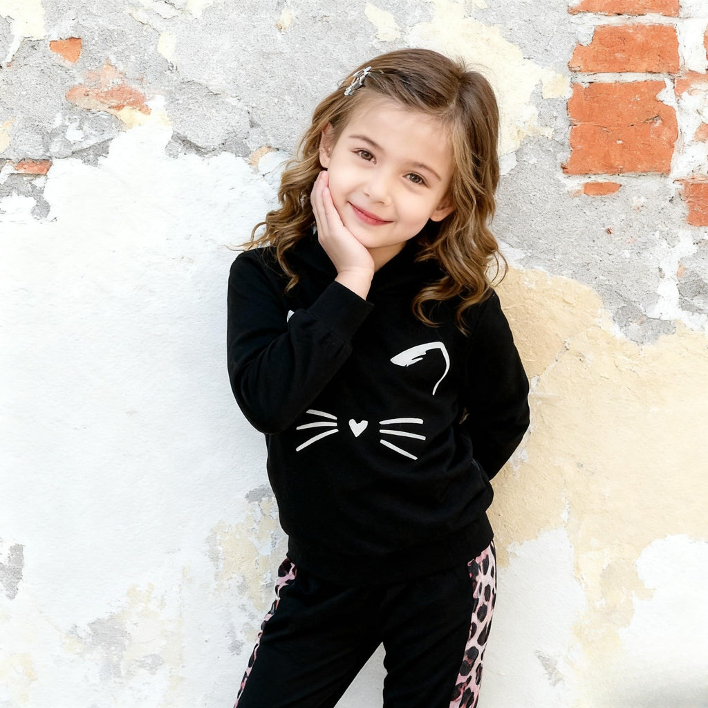 Axumity Toddler Girl Clothes Cat Print Long Sleeve Hoodie Sweatshirt and Colorblock Leopard Pants 2-piece Outfit Set(Black,4-5T)